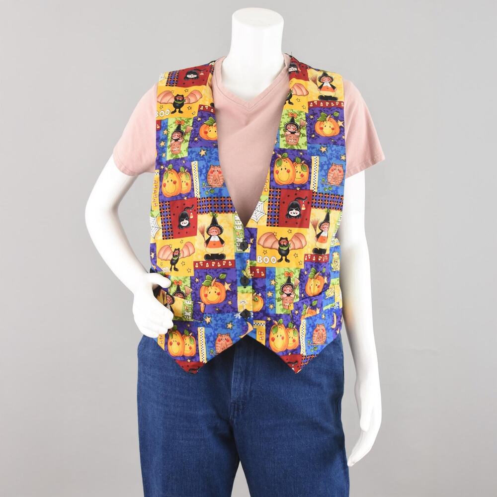 Vintage Halloween Vest, Owls Witches Pumpkins Waistcoat, Women's Medium - Large